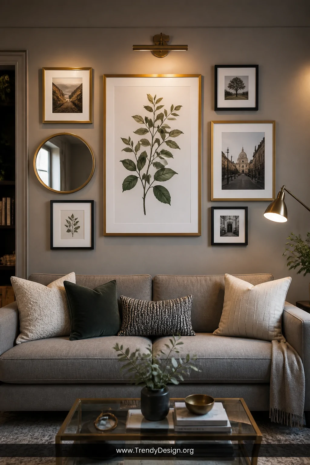 A medium shot looking straight at a gray sofa with a carefully arranged gallery wall above it featuring mixed gold and black 