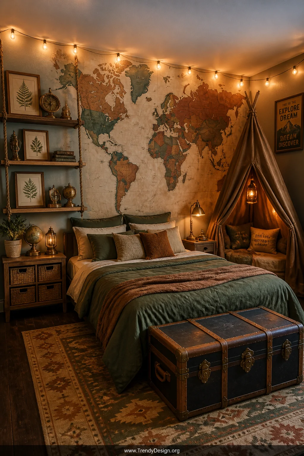 Wide shot of an adventure-themed boys bedroom with a large world map mural painted in warm terracotta and forest green on the