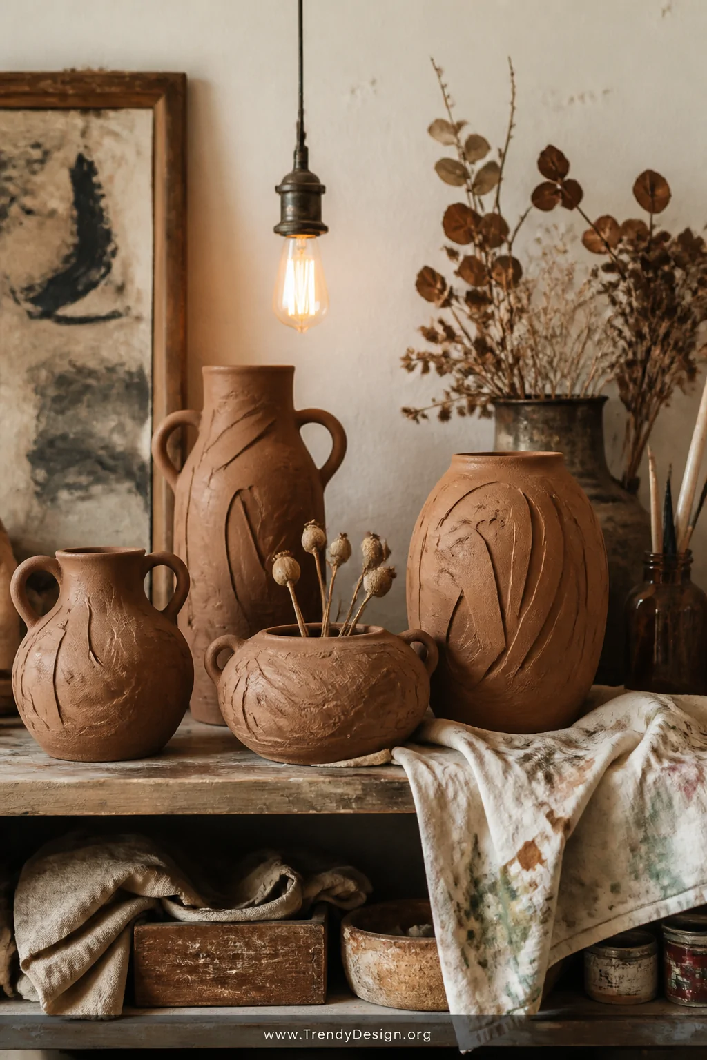 A medium shot of an eclectic artist's studio shelf displaying several raw terracotta ceramic pieces covered in bold abstract 