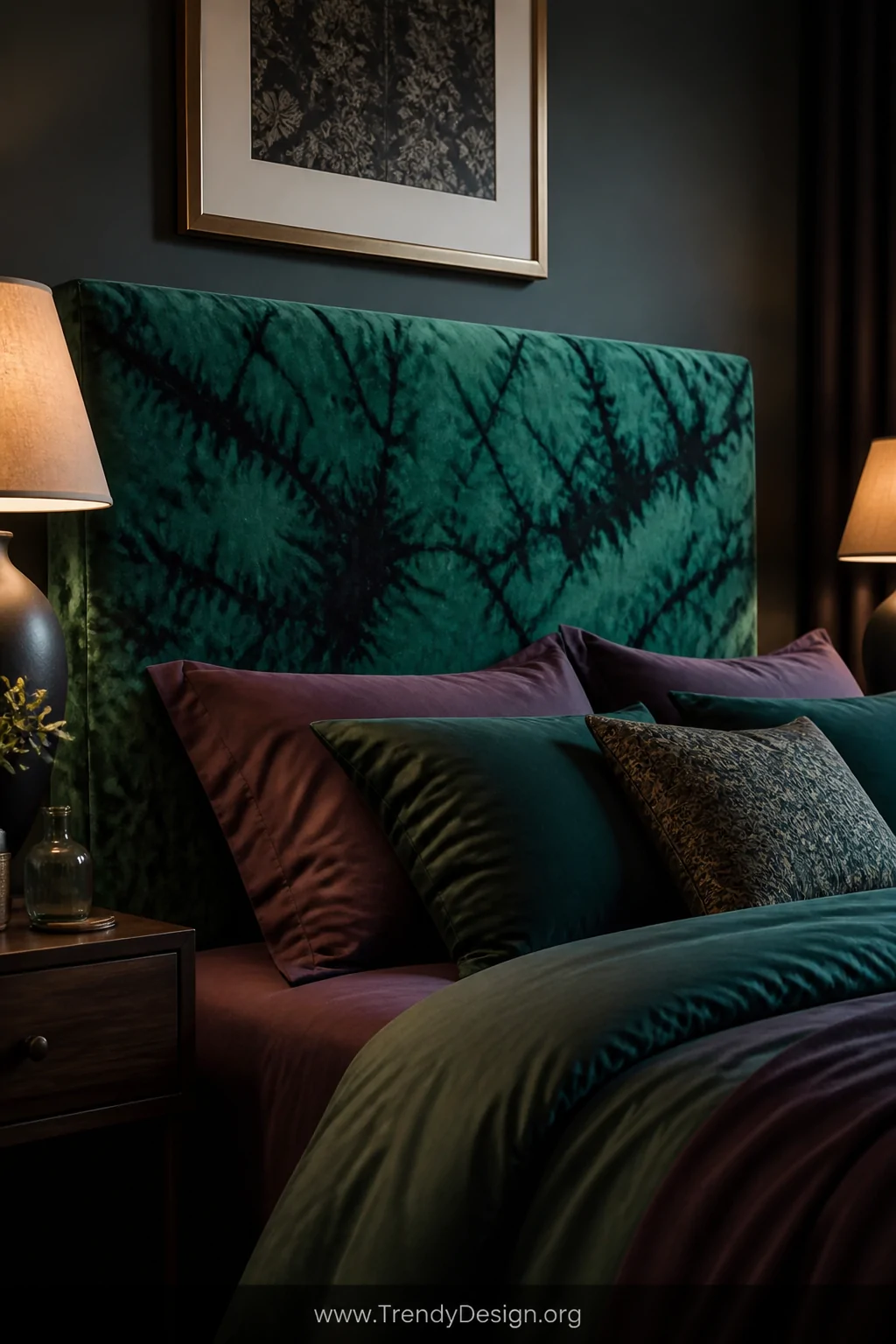 Medium shot focused on a bed headboard dressed in a stretchy tie dye slipcover in deep emerald and black swirling patterns, c