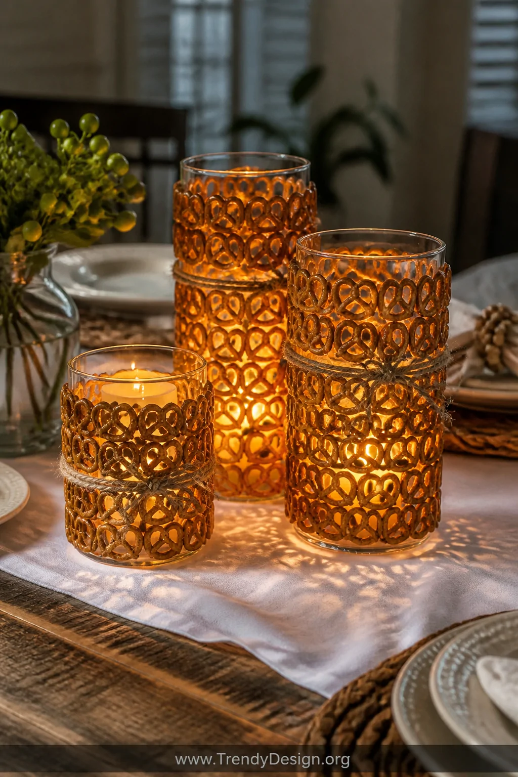 A close-up detail shot of a dinner table centerpiece featuring three glass cylinder candle holders of varying heights wrapped