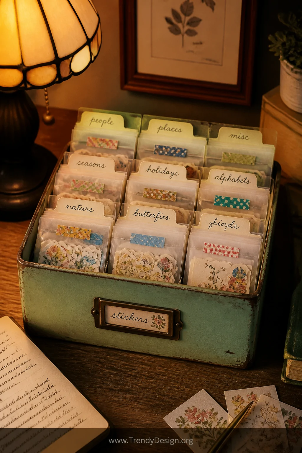 A medium shot of a warm nostalgic desk corner featuring a weathered mint-green vintage recipe box with handwritten divider ta