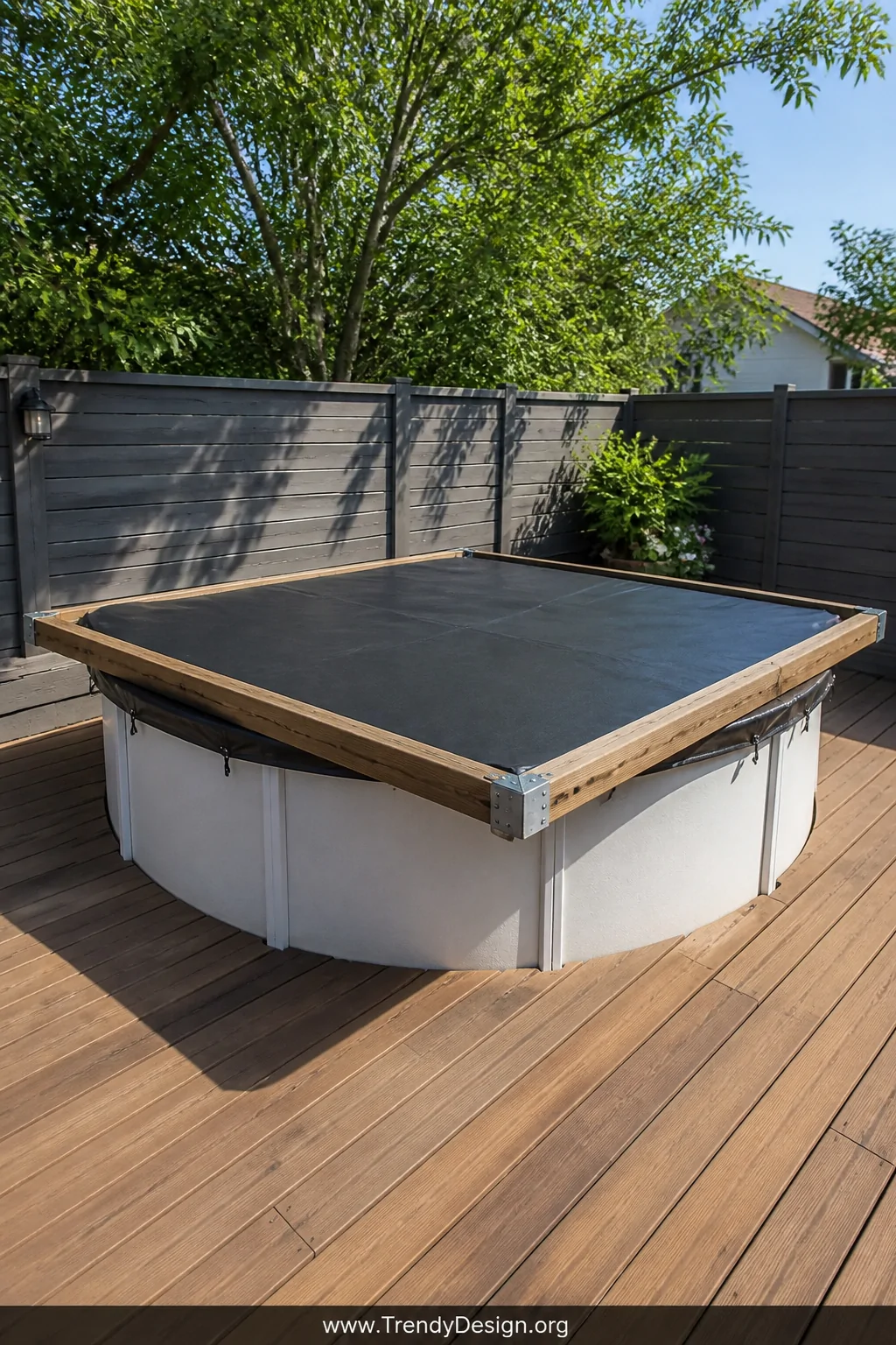 A wide outdoor shot of a sturdy rectangular wooden frame pool cover built from pressure-treated golden-brown 2x4s with visibl