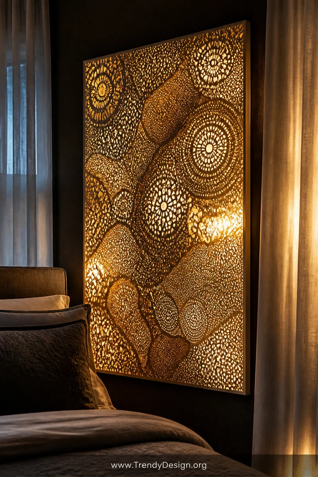 A dramatic bedroom detail shot of a backlit polyester fabric panel stretched over a large canvas frame mounted on a charcoal 