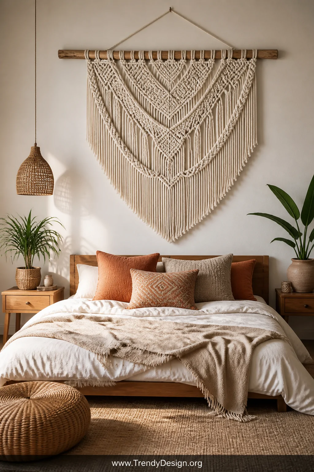 Wide shot of a boho bedroom with an oversized natural cotton macramé wall hanging suspended from a thick wooden dowel above a