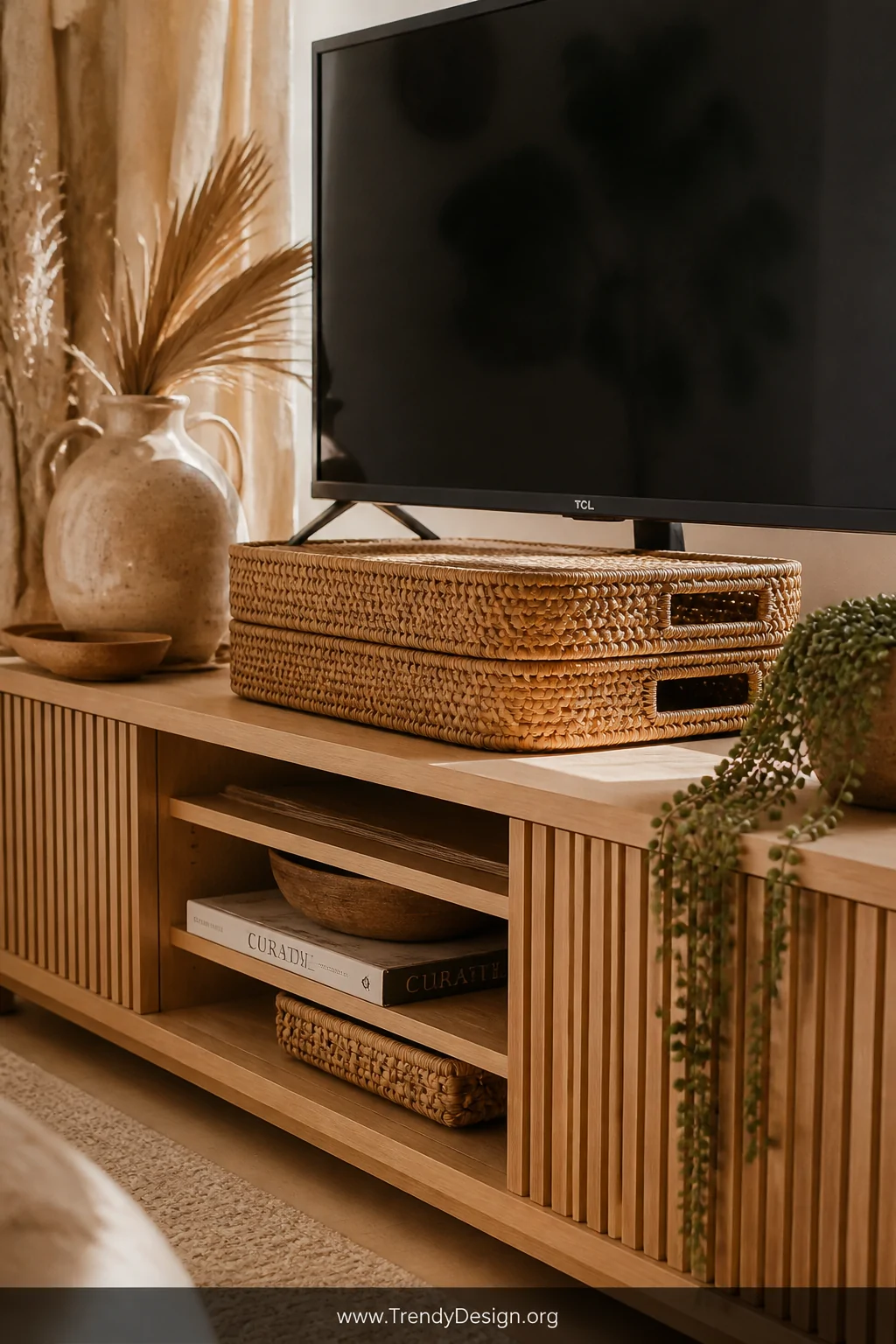 A medium shot of a warm bohemian living room setup where two flat woven rattan trays are stacked beneath a TV on a low media 
