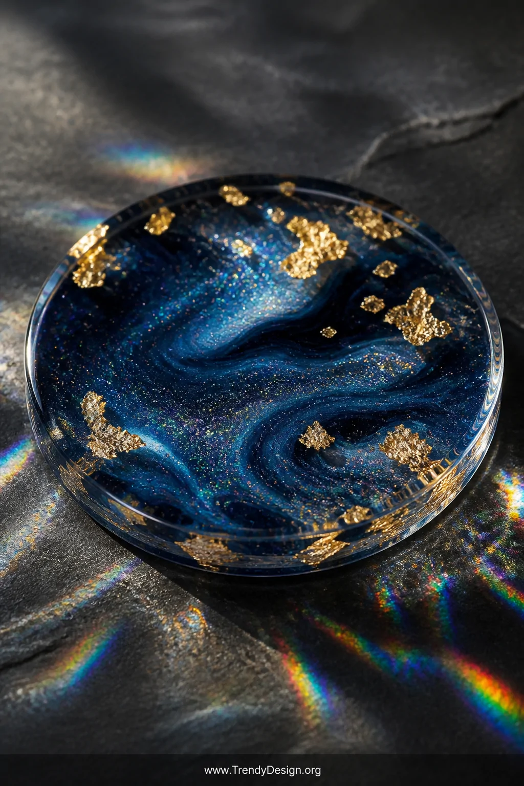 A close-up macro shot of a circular resin coaster on a dark slate surface, swirling deep navy and black pigment with holograp