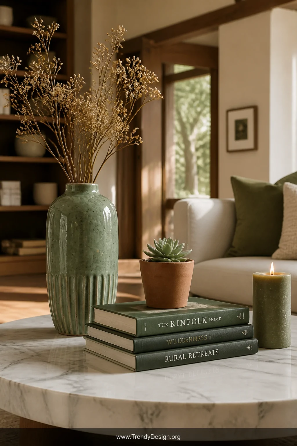 Close-up detail shot of a marble coffee table styled with a tall jade green ceramic vase holding dried stems, a neat stack of