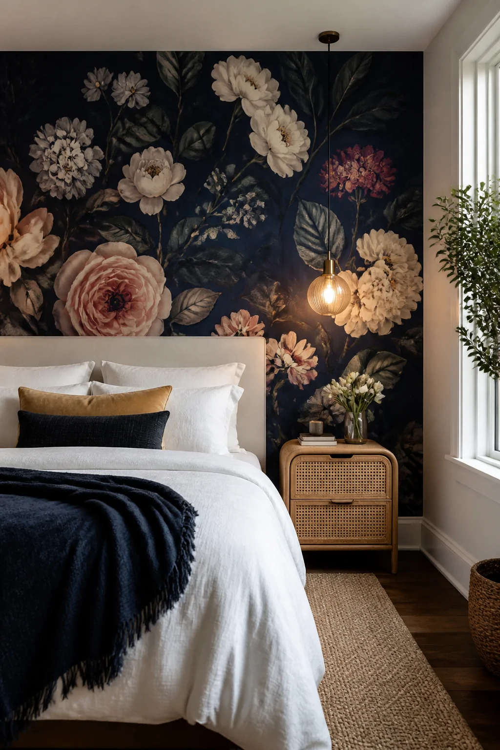 Wide-angle photorealistic interior shot of a bedroom featuring a dramatic floor-to-ceiling floral wallpaper accent wall behin