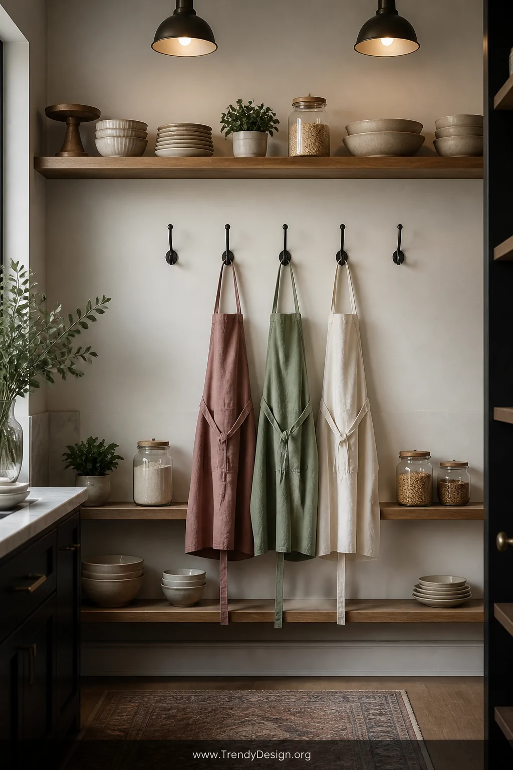 Wide shot of a large kitchen butler's pantry wall featuring a gallery-style display of five matching black hooks aligned in a