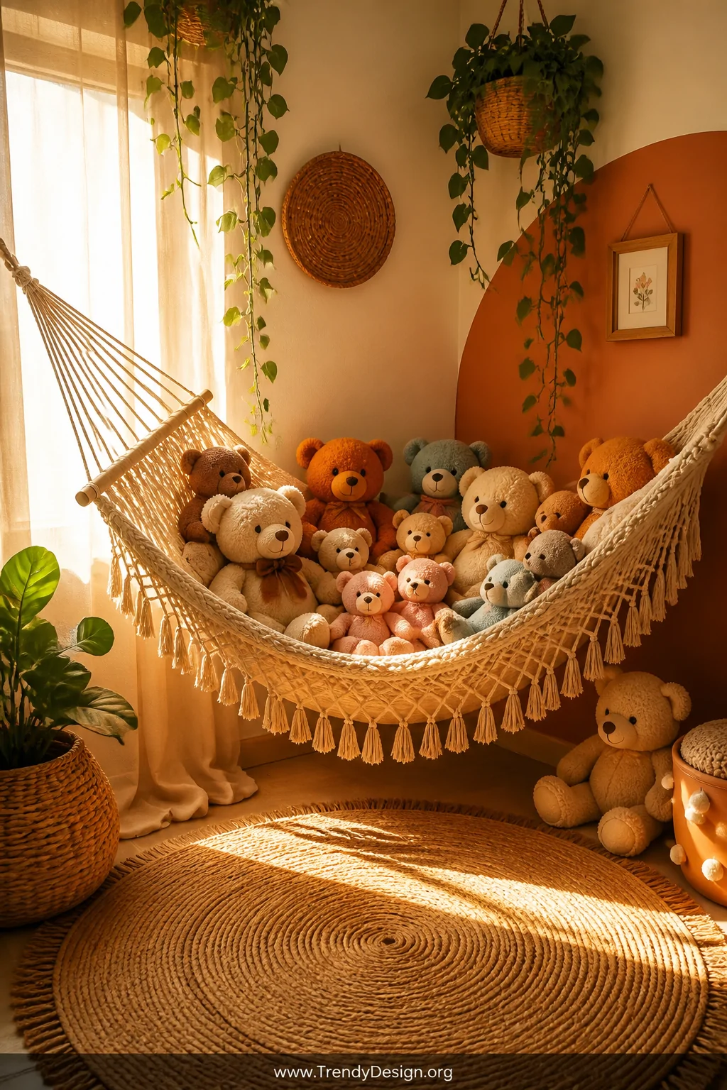 Wide-angle shot of a cozy boho nursery corner with a macramé rope hammock stretching diagonally across the wall junction, ove