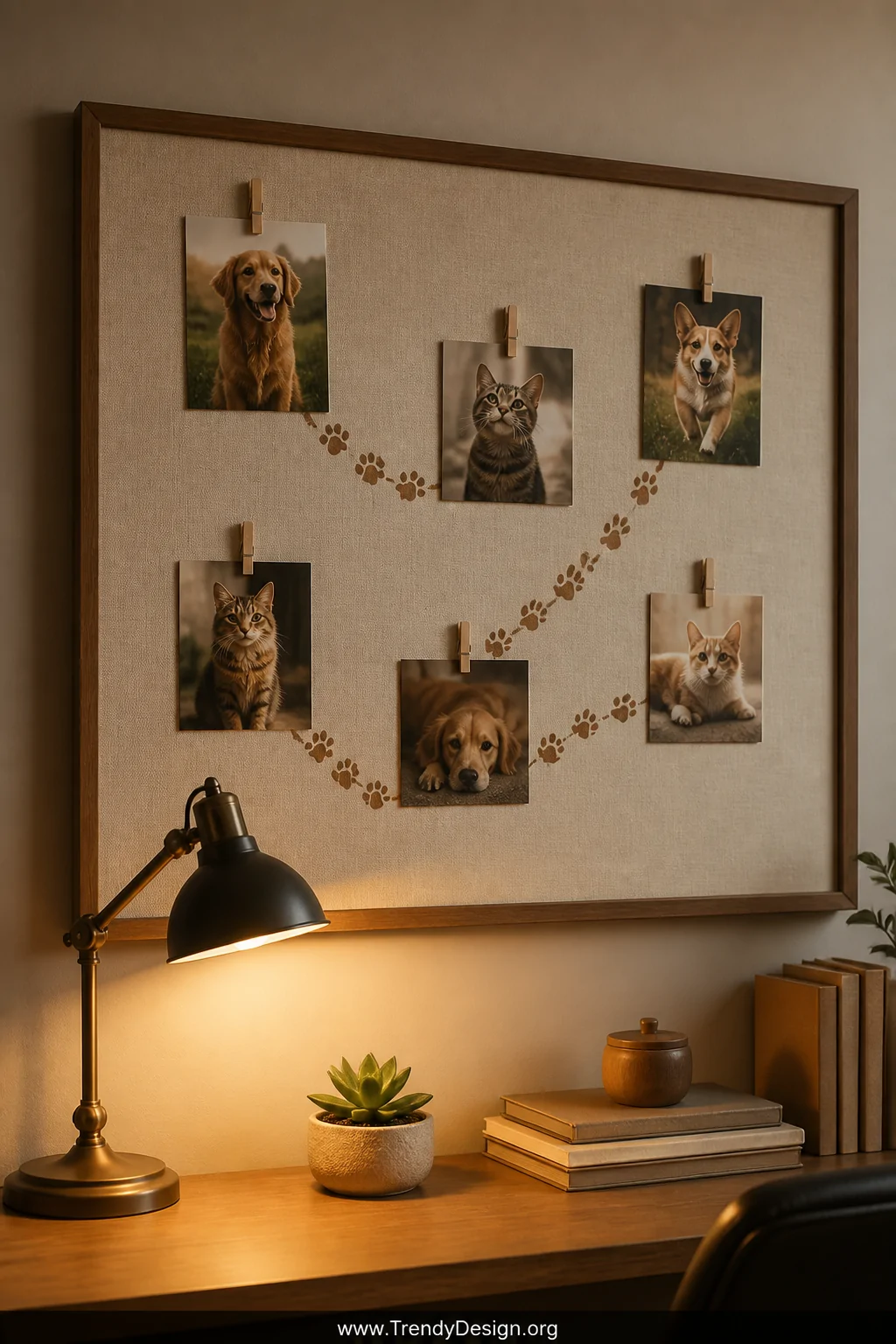 A wide cozy home office corner shot featuring a bulletin board with neutral linen background fabric, warm-toned pet photograp