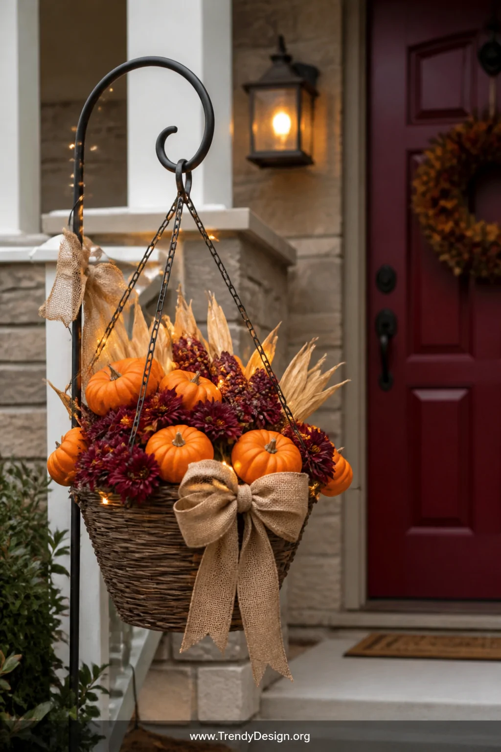 A medium front-porch shot of a decorative shepherds hook styled for autumn, holding a large woven basket overflowing with min