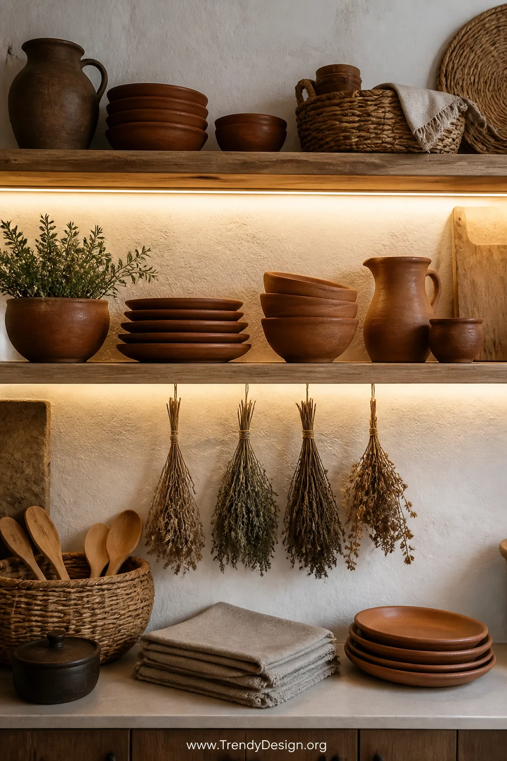 A medium shot of open kitchen shelving displaying an artisanal collection of handmade terracotta bowls, plates, and serving v