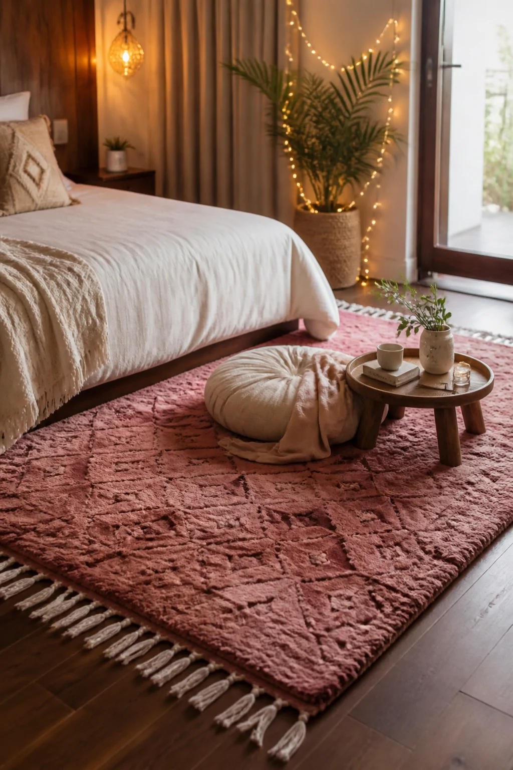 Medium-angle photorealistic bedroom corner shot showing a thick plush pink boho rug beside the bed, with a cozy reading nook 