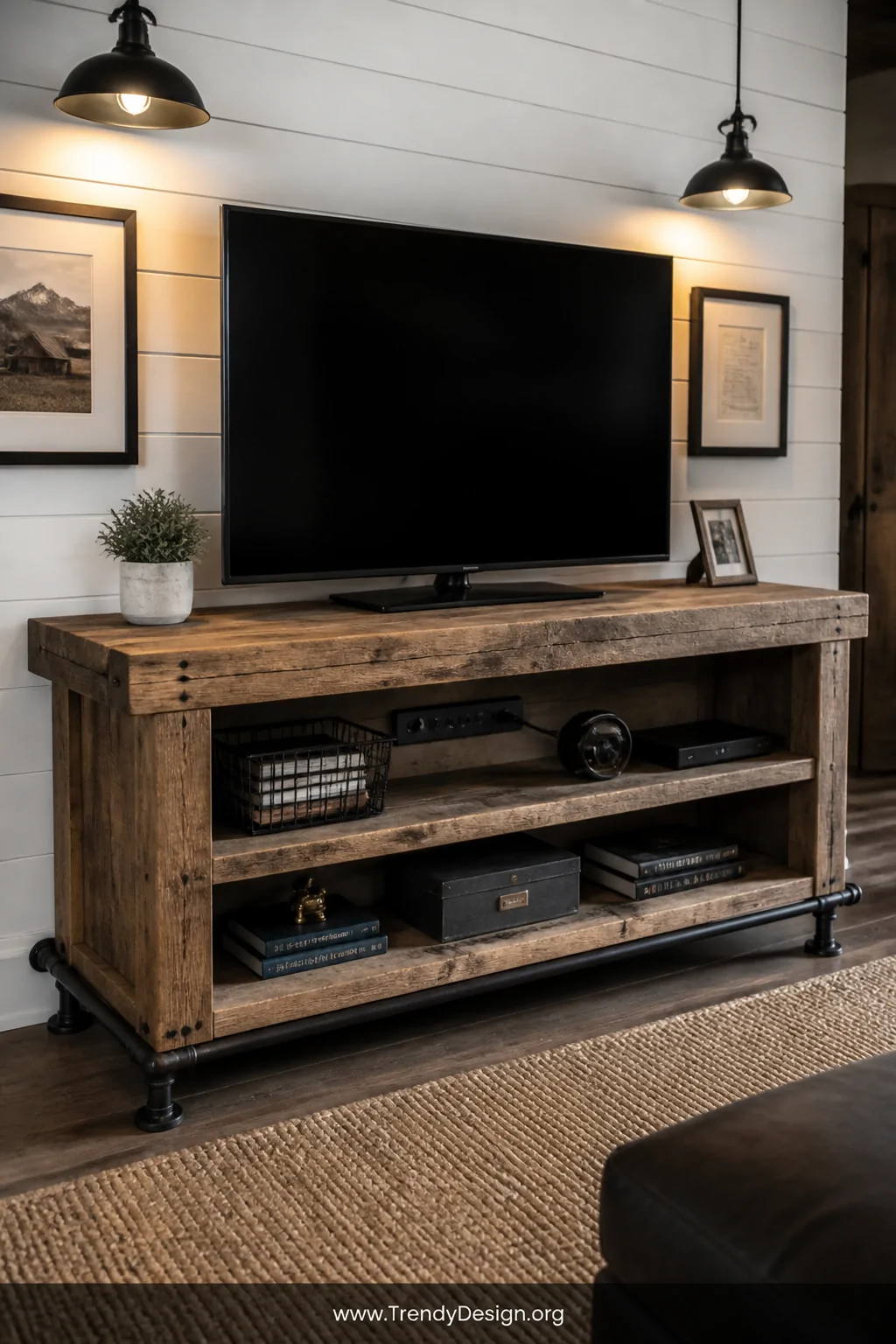 A medium shot of a thick reclaimed wood garage workbench repurposed as an industrial media console, deep natural wood grain t