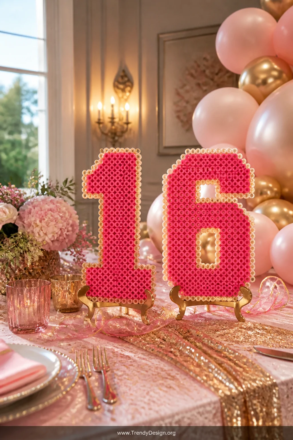 A wide shot of a styled party tablescape featuring large Perler bead number centerpieces in hot pink and glitter accents stan