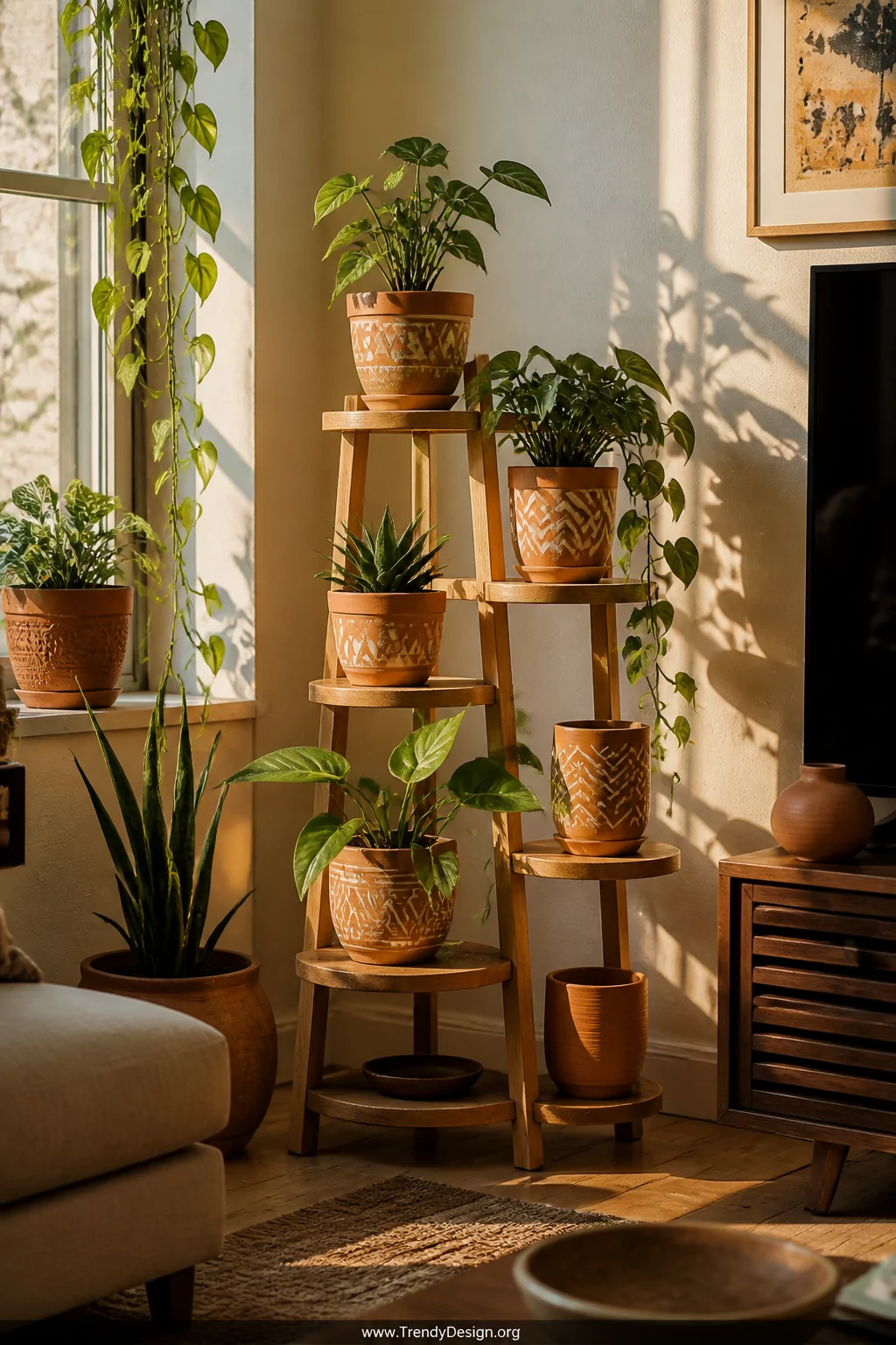 A wide shot of a sun-drenched living room corner featuring a wooden tiered plant stand holding terracotta pots in varying siz