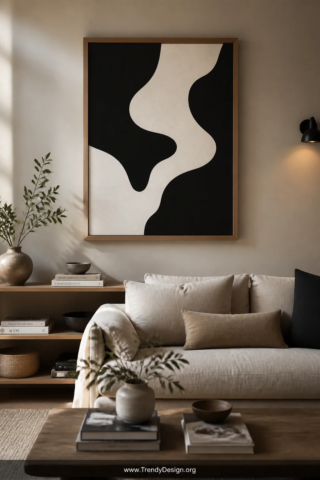 Medium shot of a living room sofa wall anchored by a large framed Notan-inspired artwork with striking positive-negative spac