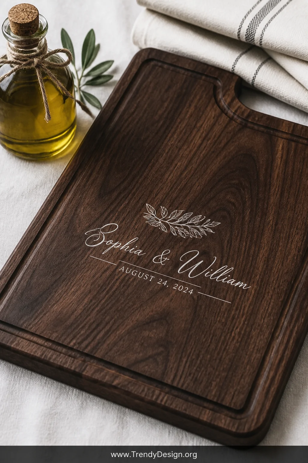 A close-up detail shot of a beautiful dark walnut cutting board with a cleanly applied permanent white vinyl business logo an