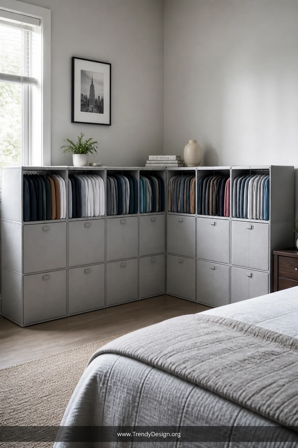 A wide shot of a modular fabric cube storage unit in a light grey bedroom corner configured in an L-shaped arrangement, each 