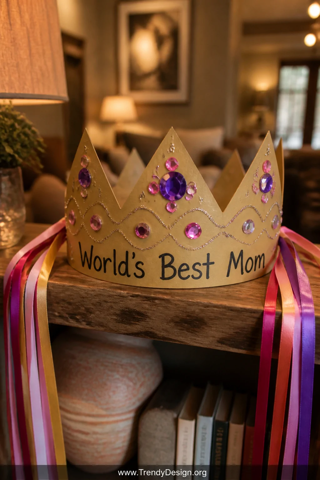 A medium shot of a gold cardstock paper crown displayed on a rustic wooden shelf, decorated with foam gems in purple and pink