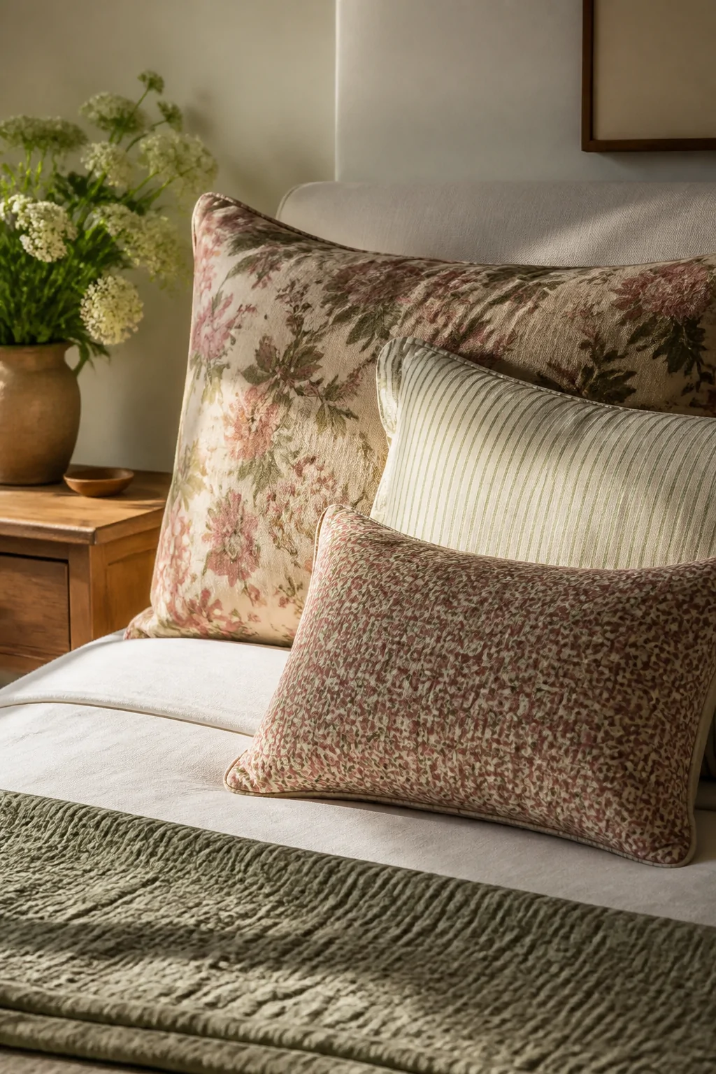 Medium shot of a neatly styled bed surface showcasing a large vintage floral pillowcase paired with a thin cream and sage tic