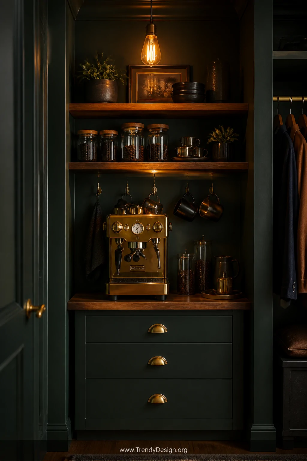 Medium shot of a moody closet coffee nook painted deep forest green with brass cup hooks and rich walnut wood shelving, warm 