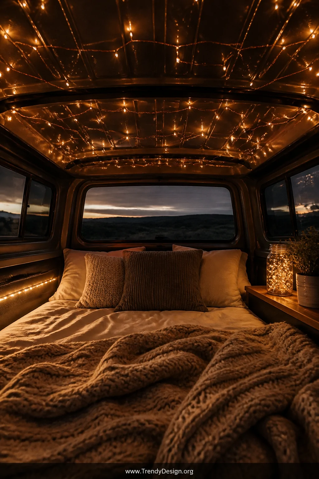 Wide dreamy interior shot of a camper shell truck bed transformed into a cozy sleeping sanctuary, warm copper-wire fairy ligh