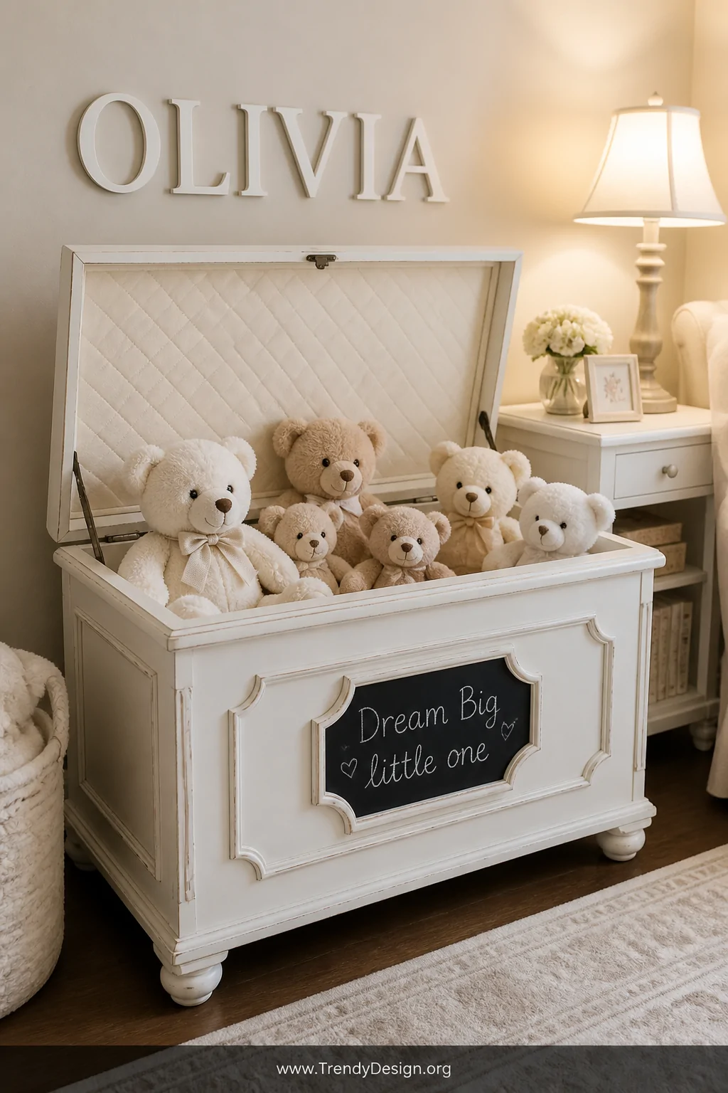 Medium shot of a vintage-style white painted wooden toy chest with a slow-close lid open to reveal an interior lined with sof