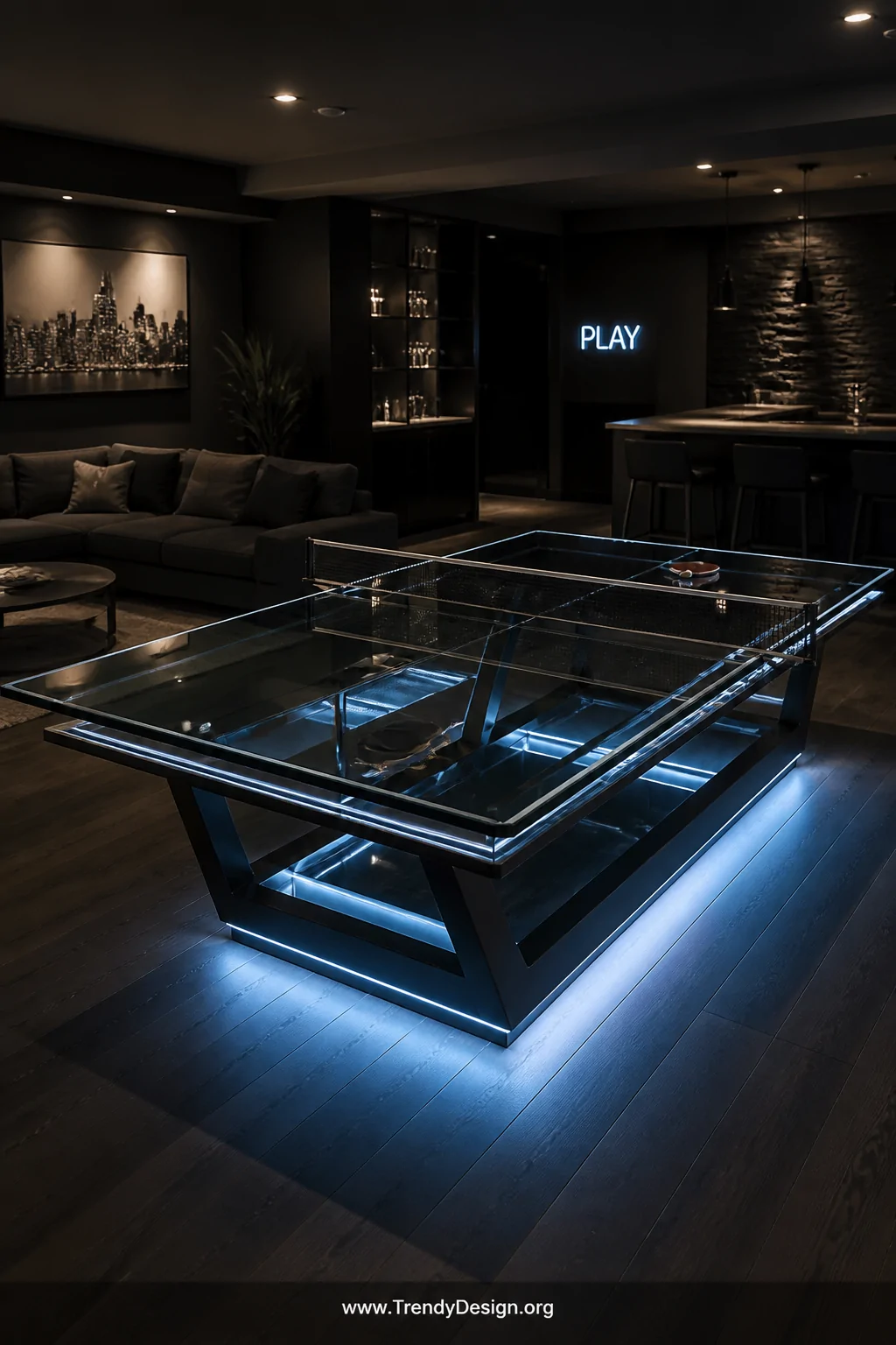 Dramatic medium shot of a dimly lit basement game room showcasing a tempered glass ping pong table with glowing dimmable LED 