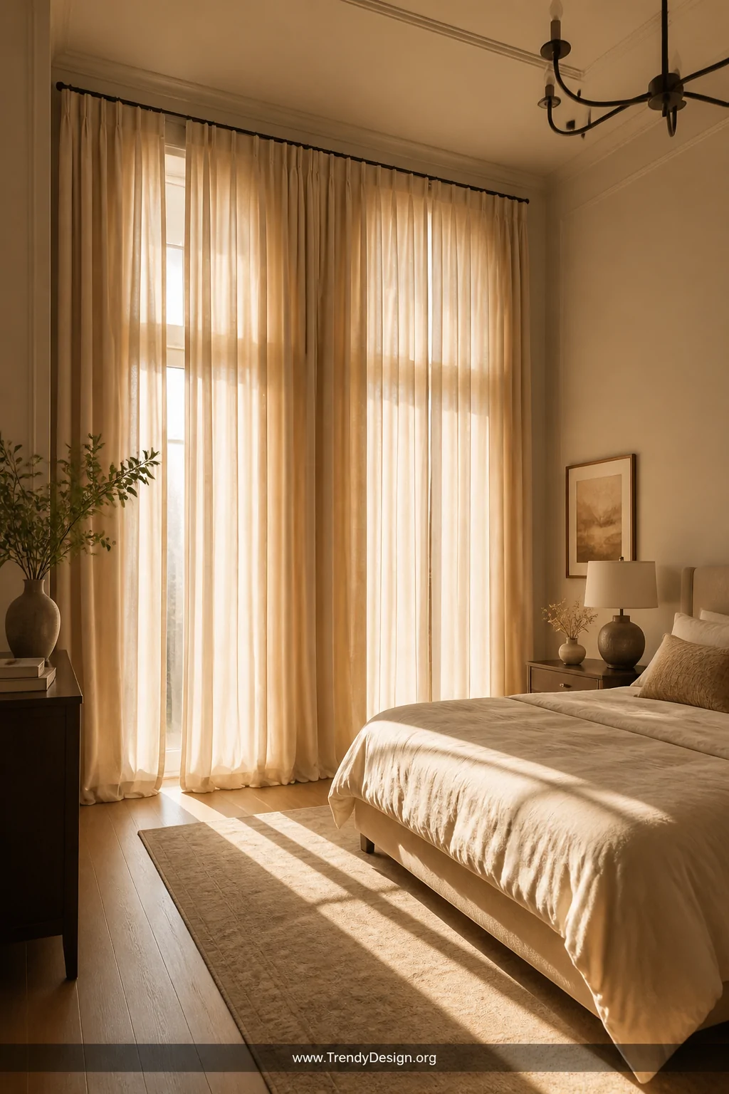 A wide room shot of a sunlit bedroom with floor-length washed linen curtain panels in warm ivory hanging from ceiling to hard