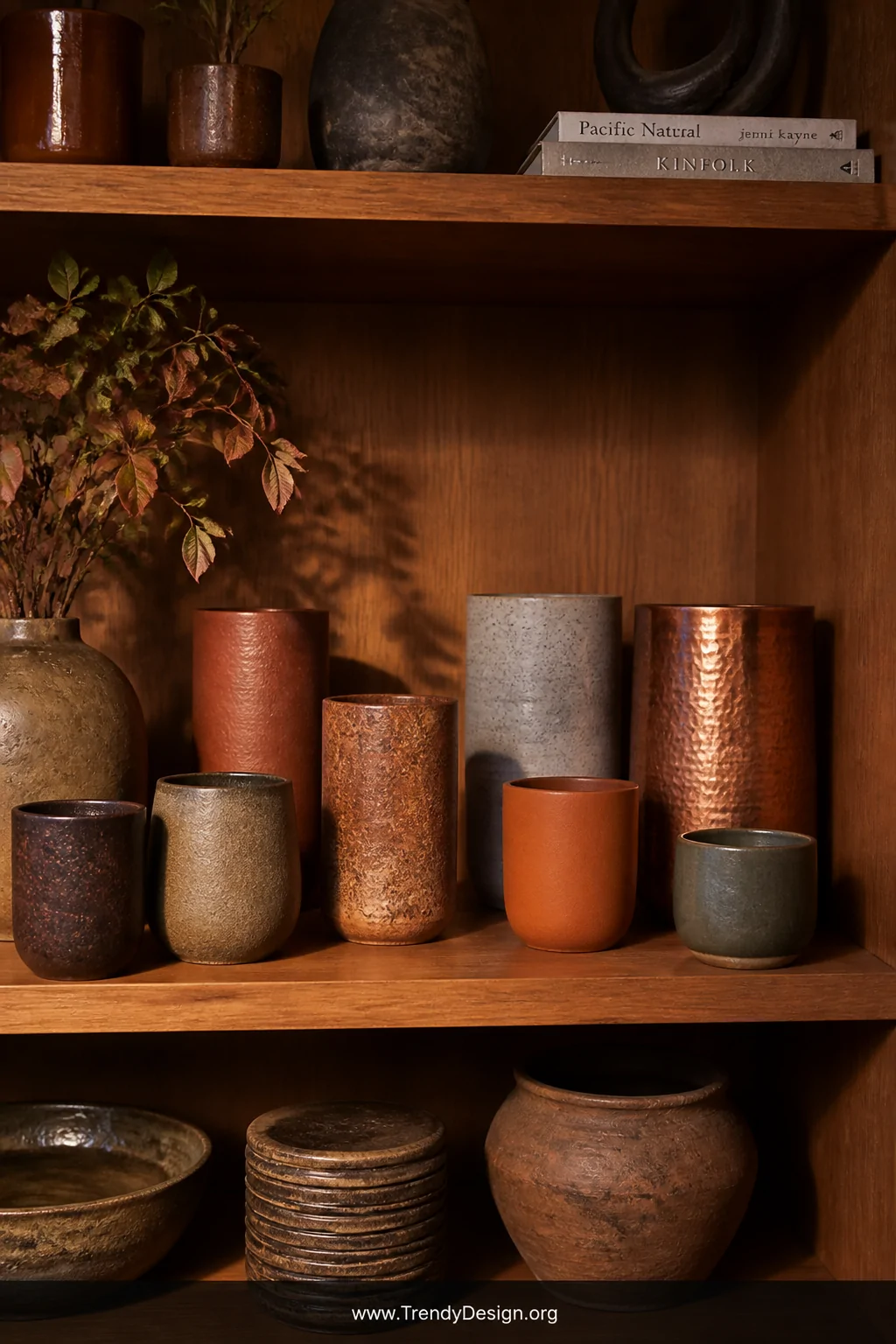 A detail shot of an open wooden shelf displaying a carefully arranged fall tumbler collection mixing matte glazed terracotta 