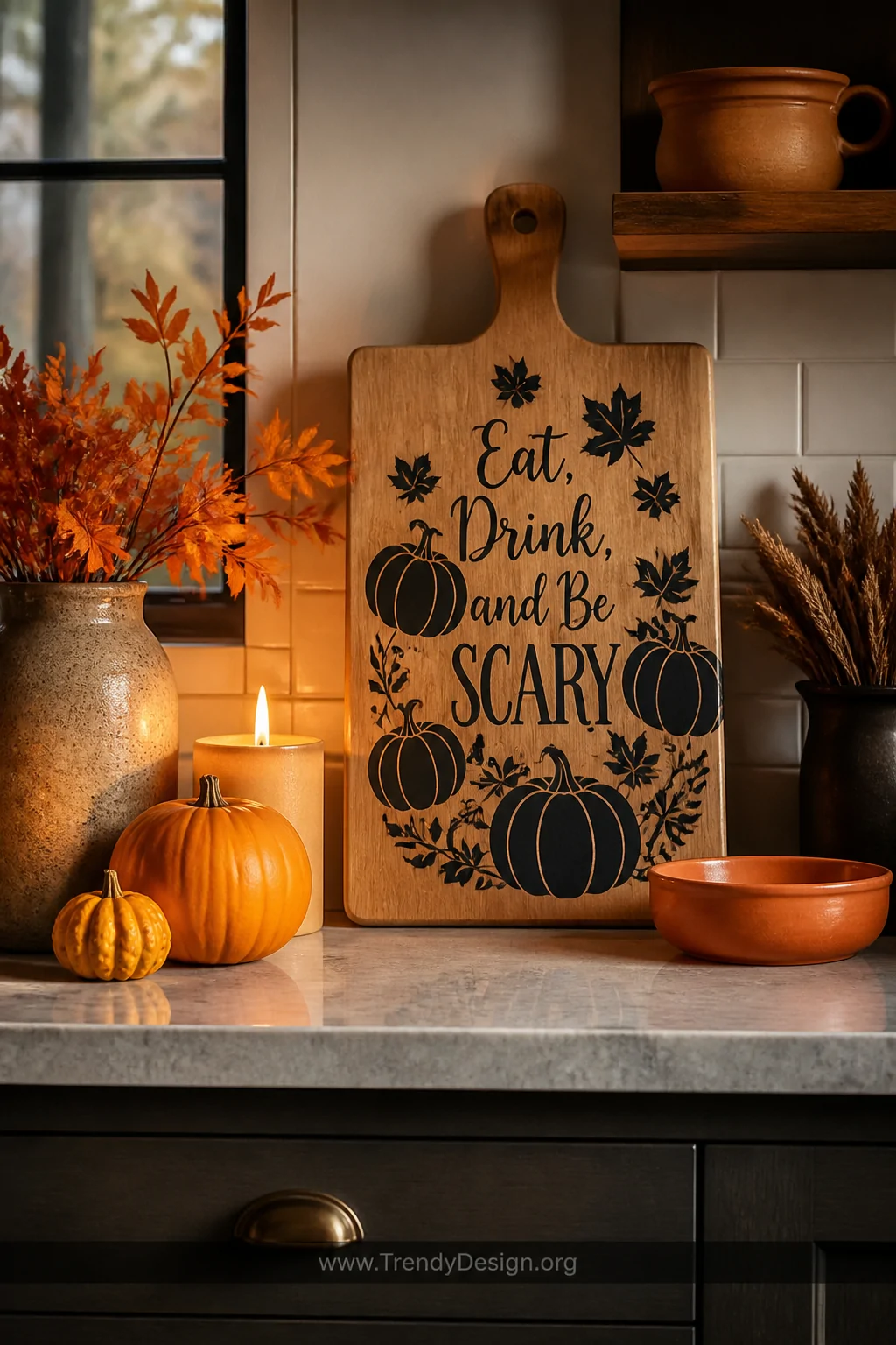 A wide shot of a cozy kitchen countertop styled for autumn, featuring a wooden cutting board decorated with matte black vinyl