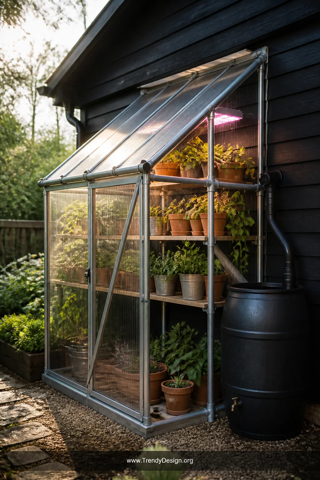 Medium wide shot of a lean-to greenhouse structure built against a matte black-painted wooden shed wall, a triangular frame o