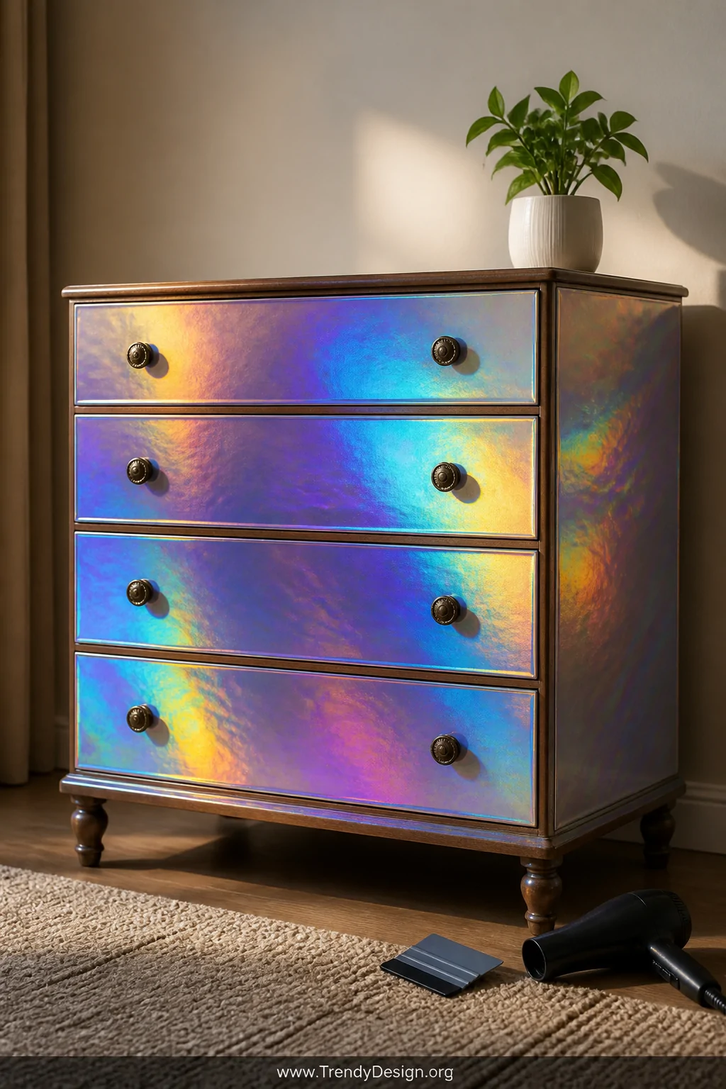 Medium shot of a vintage wooden dresser completely transformed with holographic color-shifting vinyl wrap on all drawer front