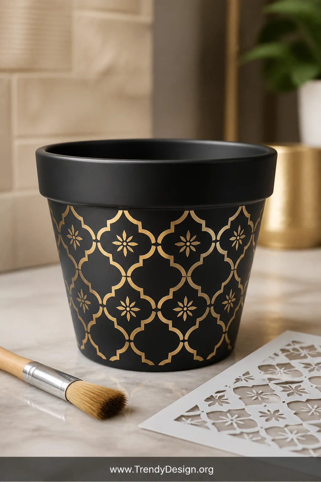 A close-up shot of a single plastic plant pot painted matte black and stenciled with an intricate Moroccan tile pattern in me