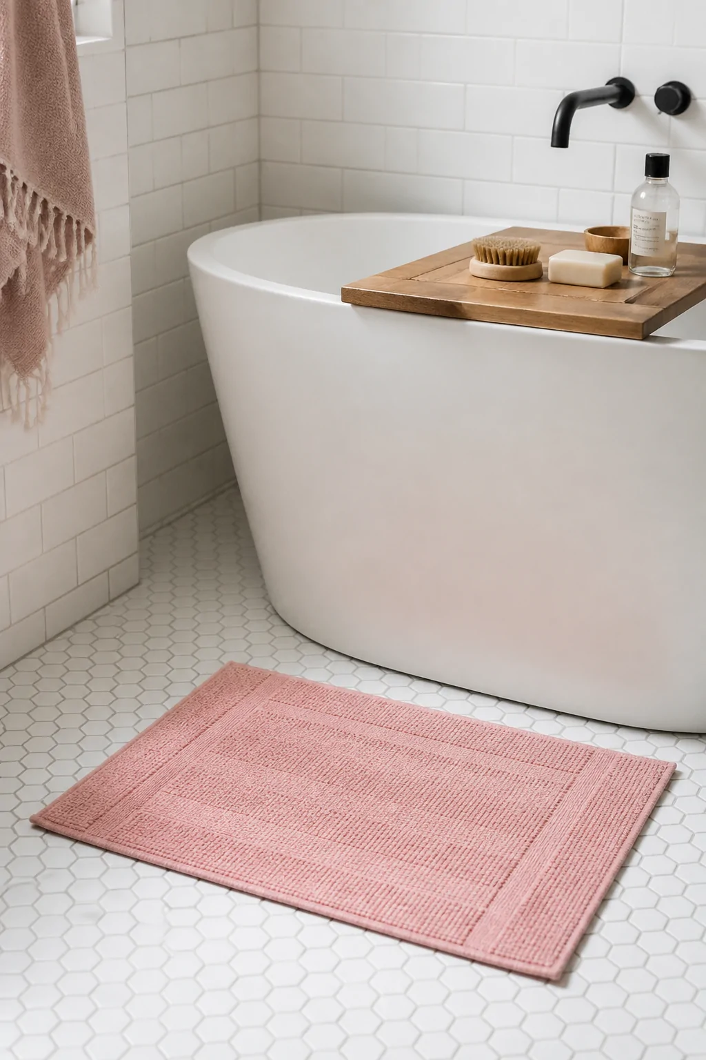 Detail shot of a small blush pink cotton bath mat positioned on white hexagonal tile flooring beside a freestanding bathtub, 