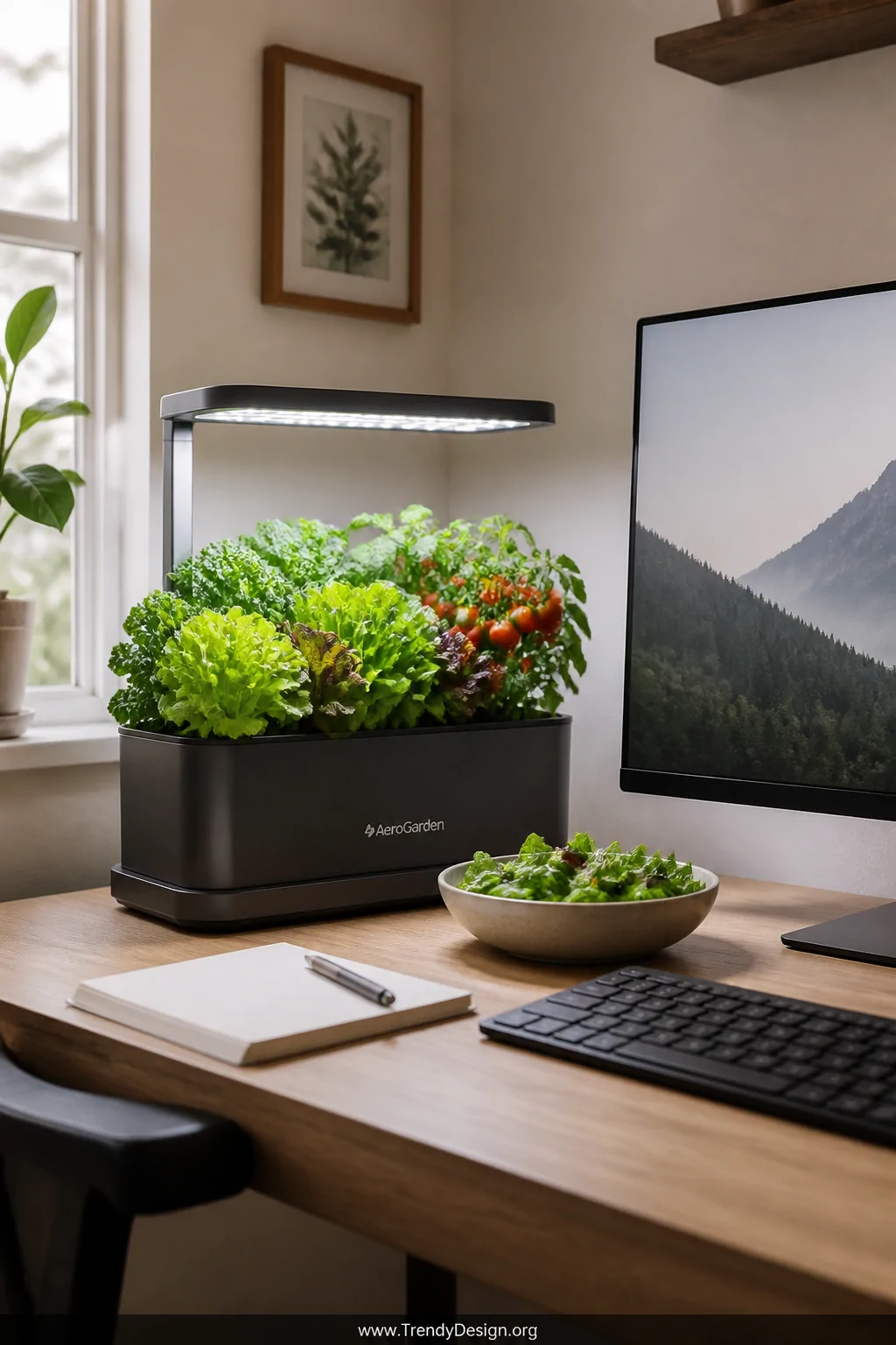 Medium shot of a clean home office desk with a slim Aerogarden unit tucked neatly beside a monitor, growing vivid green baby 