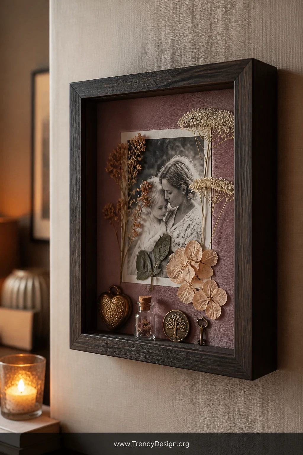 Medium shot of a deep shadow box frame mounted on a linen-textured wall, a flat photograph positioned at the back with presse