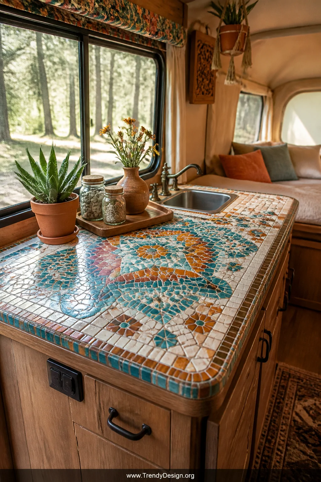 A medium shot of a vibrant bohemian-style pop-up camper countertop covered in a handcrafted glass mosaic tile pattern in turq