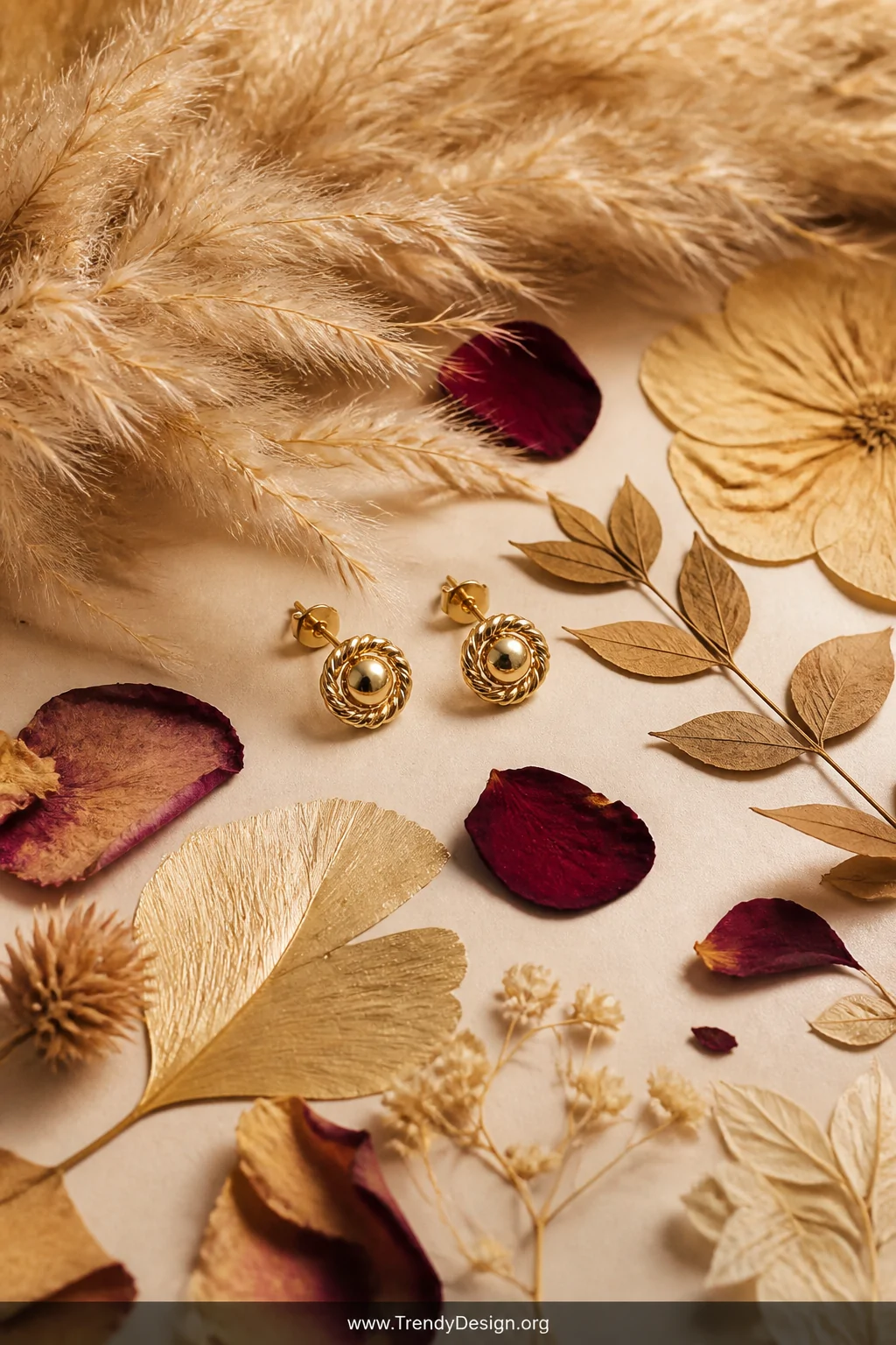 A medium detail shot of small gold stud earrings nestled among a lush arrangement of dried pampas grass, scattered rose petal