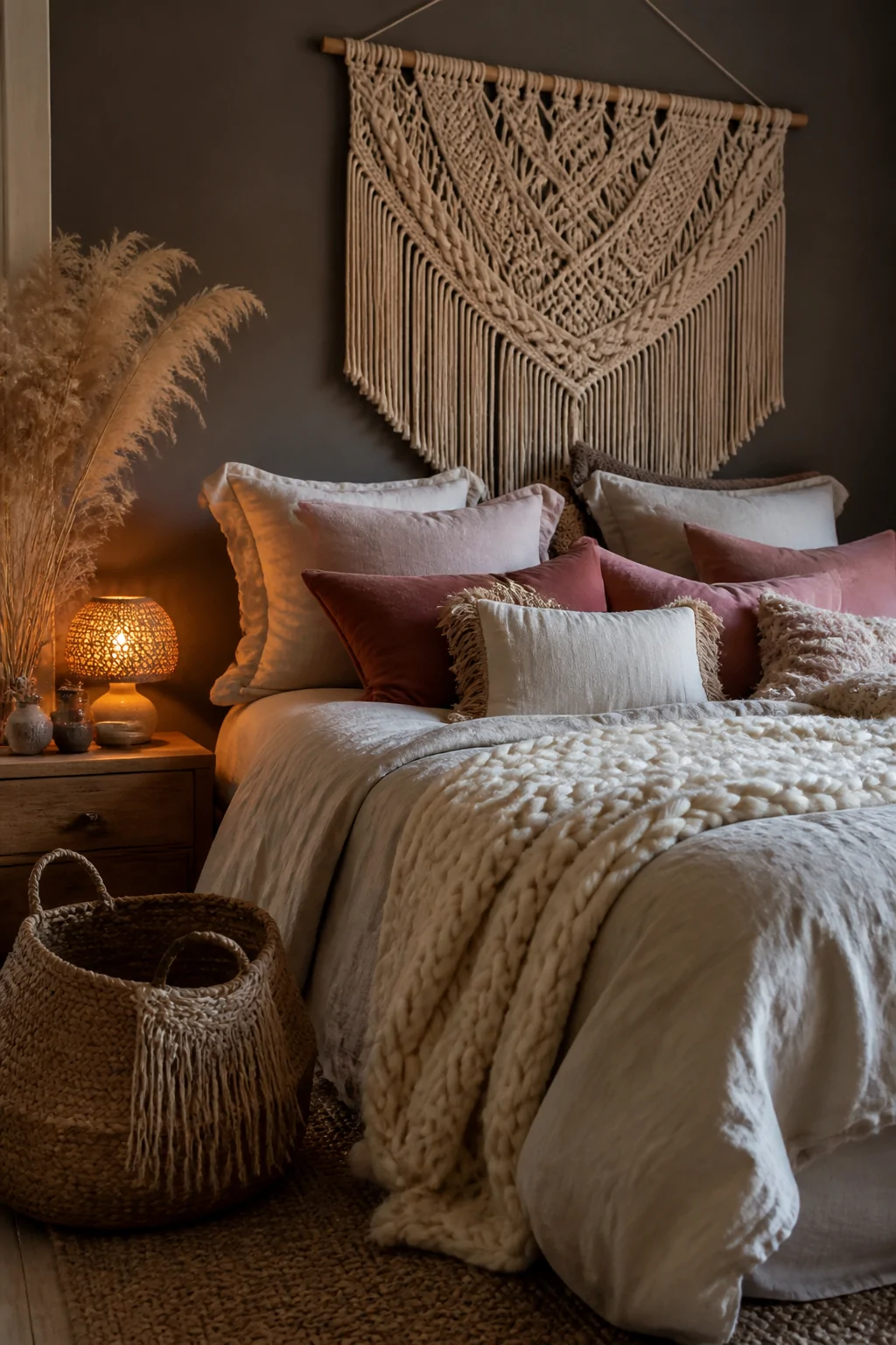 Medium shot of a bohemian bed styled with a chunky knit cream throw, linen pillowcases, velvet dusty rose cushions, and fring