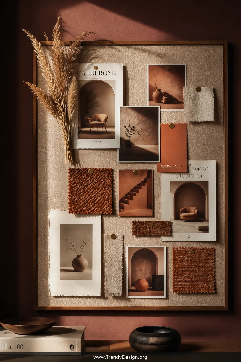 A wide atmospheric shot of a beautifully framed linen mood board mounted on a deep dusty plum accent wall, composed of a sing