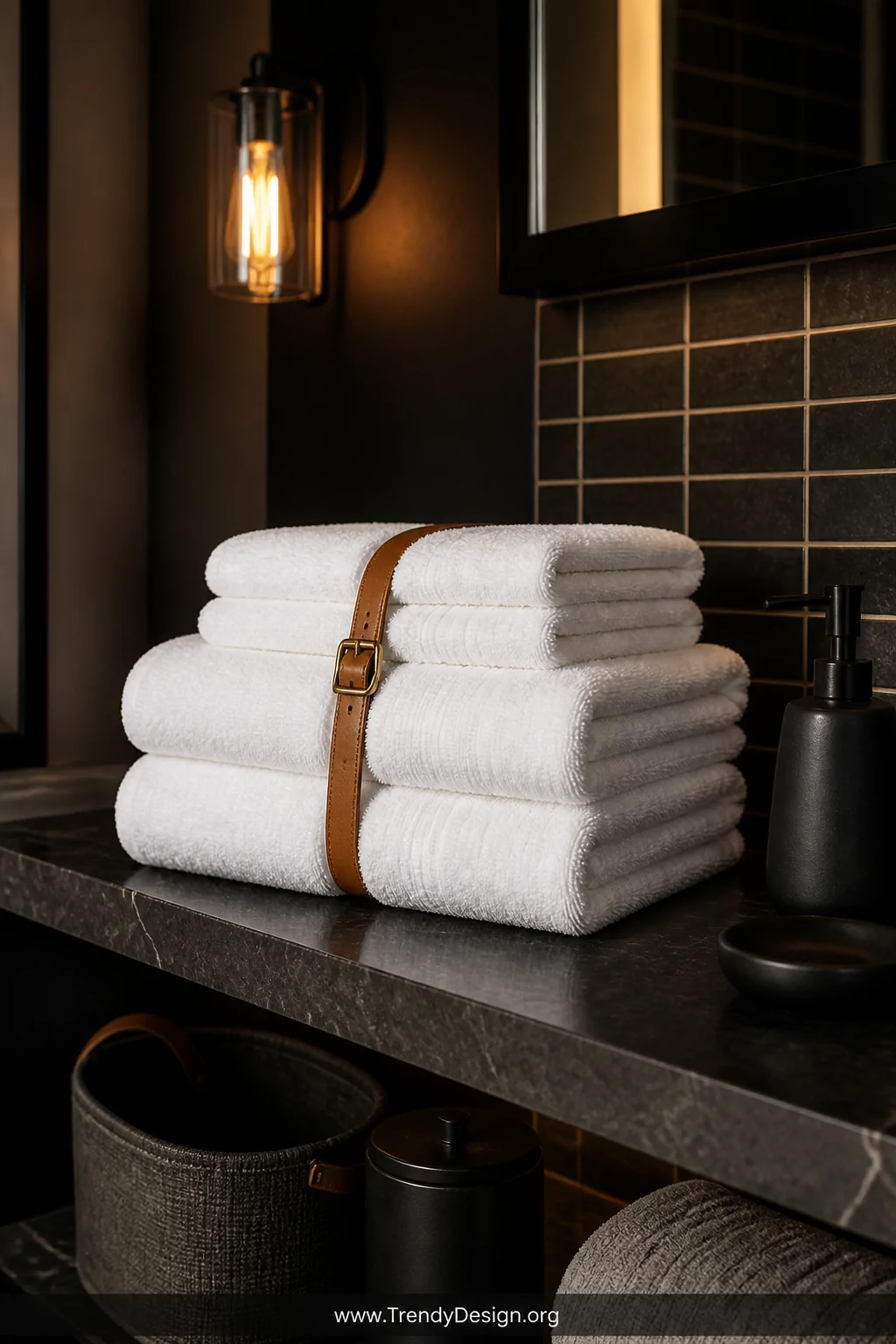 A medium shot of a stack of crisp white towels bound with a thin tan leather strap fastened with a small brass buckle, displa