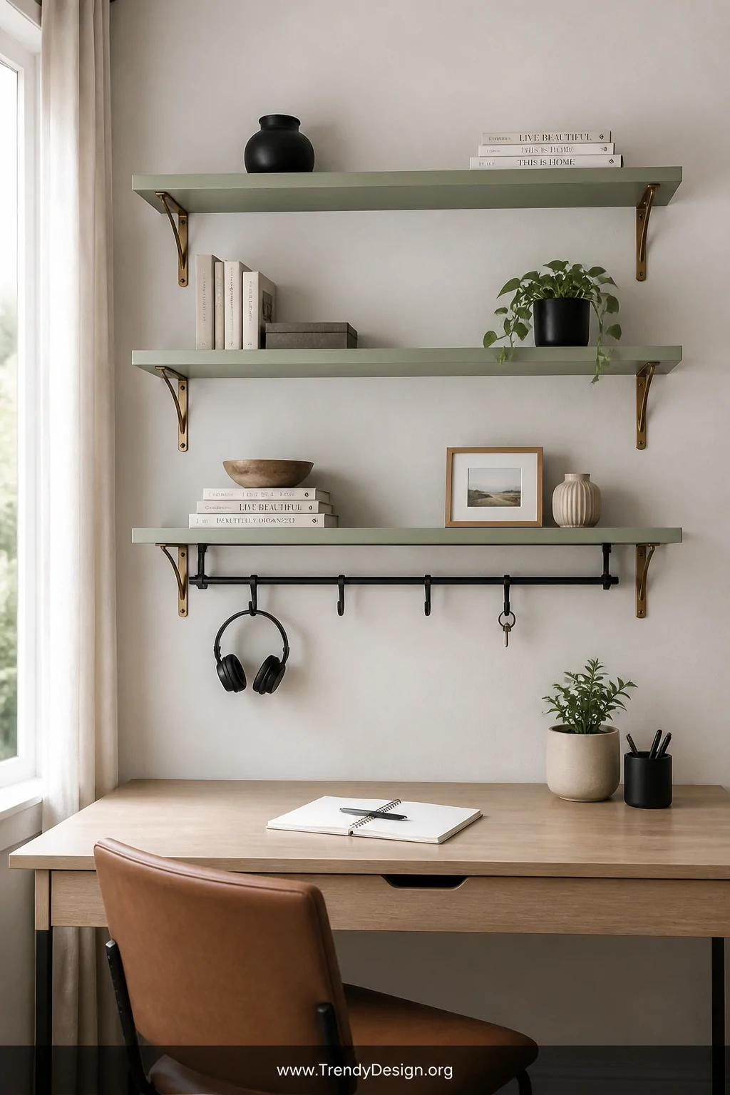 A wide shot of a minimalist home office desk with three floating white shelves mounted directly above it at evenly spaced int