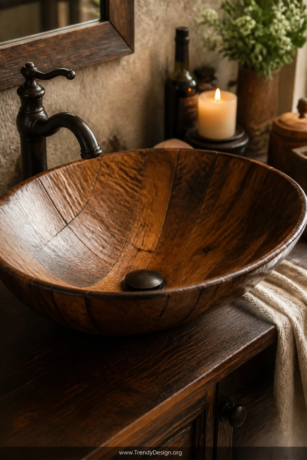 A closeup detail shot of a curved vessel sink crafted from rich, warm-toned wine barrel staves, the oak wood grain sealed to 