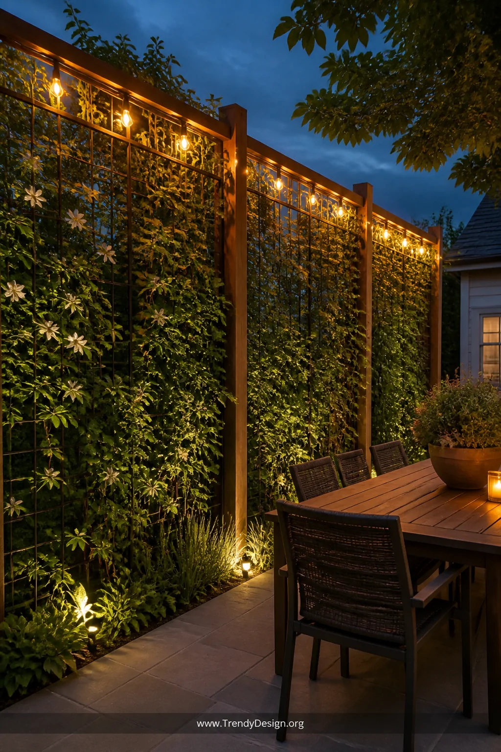 A wide exterior patio shot at dusk showing tall hog wire panels set into sturdy posts along the patio edge, densely covered i