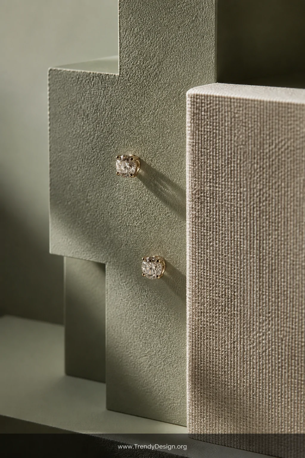 A close-up detail shot of stud earrings pressed into a painted muted sage green textured foam board layered at varying depths