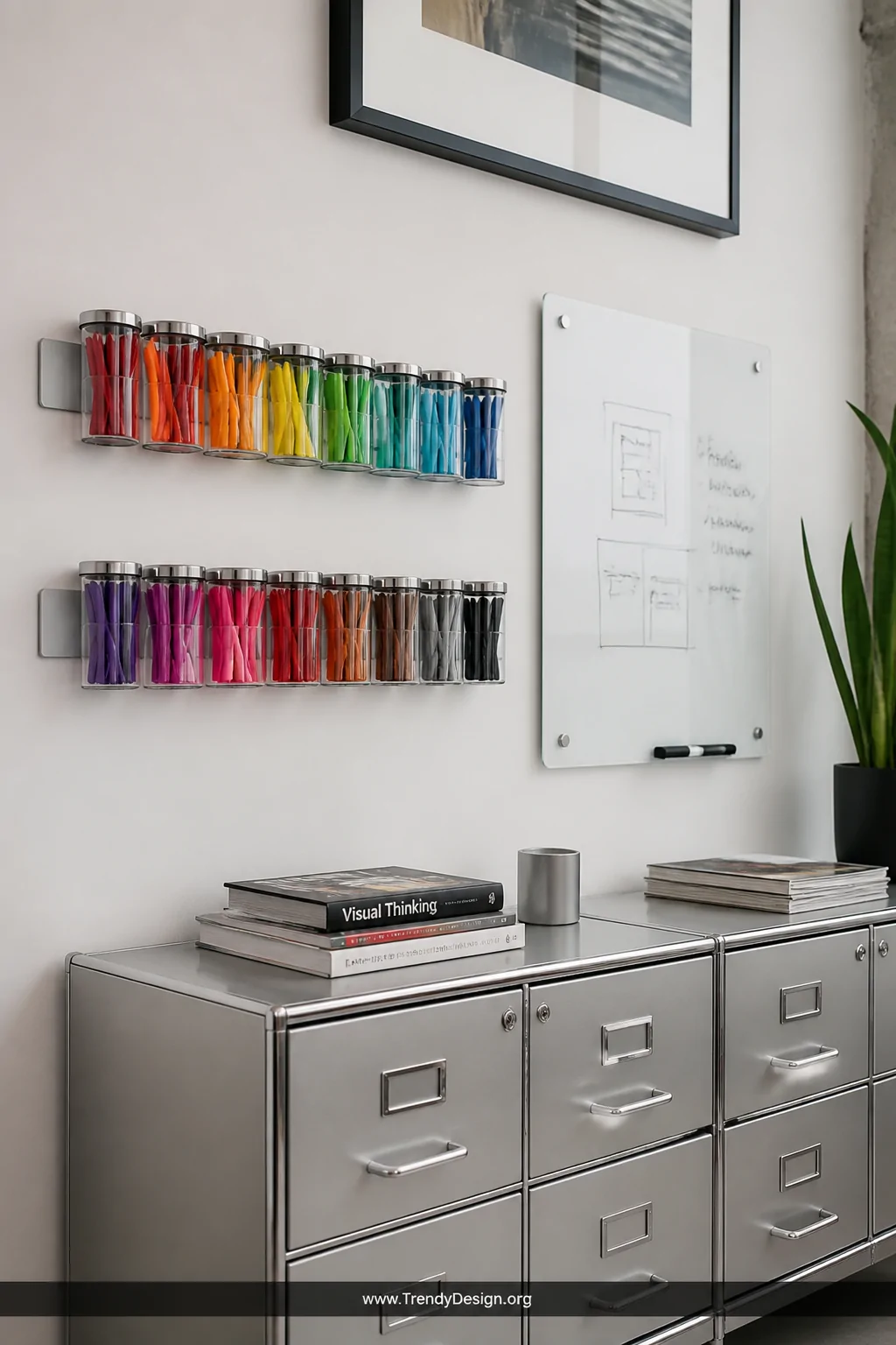 A medium shot of a sleek home office wall with two horizontal magnetic strips mounted in parallel, holding small clear magnet